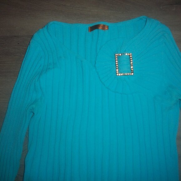 womens ribbed sweater.lightweight top.turquoise.size small - Picture 2 of 3